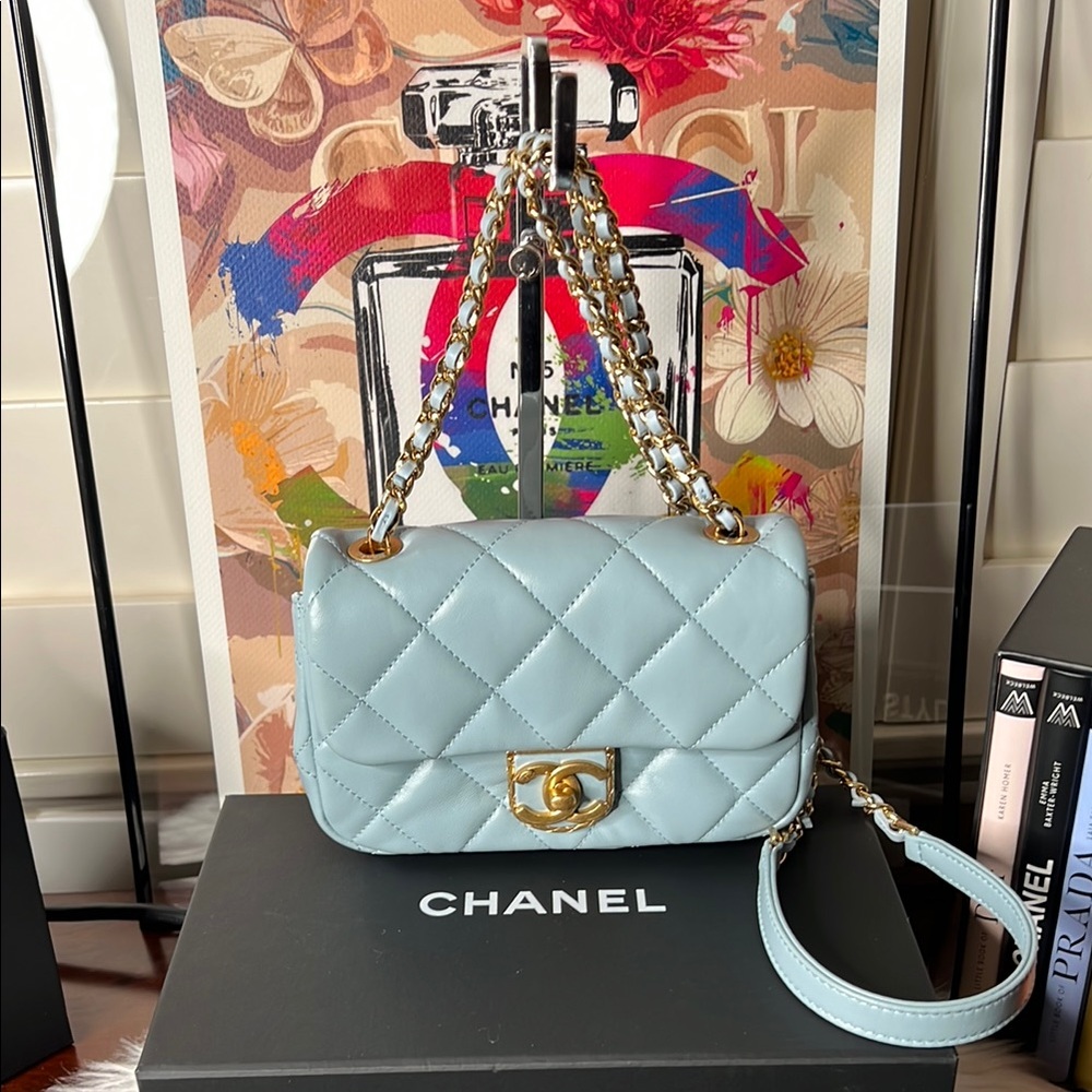 Chanel Blue Quilted Mini Flap Leather Bag Gold Box, Dust Bag NWT - Picture 3 of 17